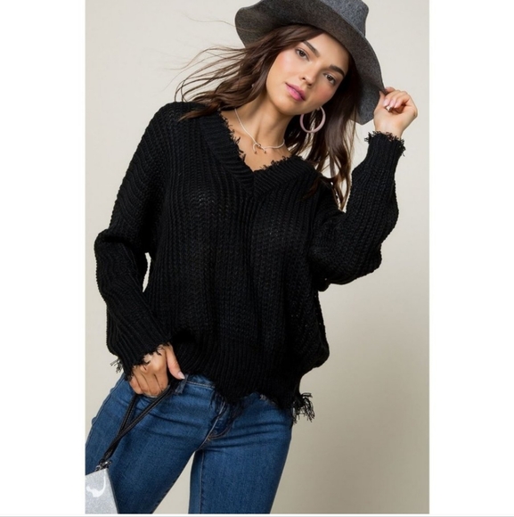 Main Strip Sweaters - Main Strip Black Fringe Sweater size Large